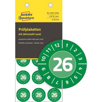 Avery Zweckform No. 6943-2026 zöld színű, 20 mm átmérőjű, öntapadós időjárásálló felülvizsgálati címke, 2026-os évszámmal, 12 hónapos beosztással - kiszerelés: 120 címke / csomag