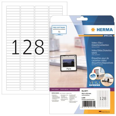 Herma No. 5071 fehér színű 43,2 x 8,5 mm méretű, univerzálisan nyomtatható, öntapadós etikett címke, visszaszedhető ragasztóval A4-es íven - kiszerelés: 3200 címke / 25 ív