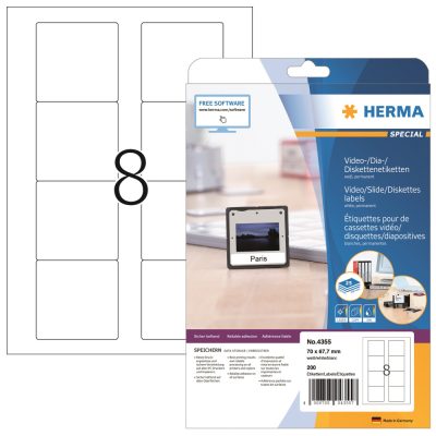 Herma No. 4355 fehér színű 70 x 67,7 mm méretű, univerzálisan nyomtatható, öntapadós etikett címke, visszaszedhető ragasztóval A4-es íven - kiszerelés: 200 címke / 25 ív