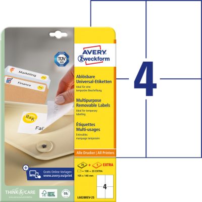 Avery Zweckform No. L6028REV-25 fehér színű 105 x 148 mm méretű, univerzálisan nyomtatható, öntapadós etikett címke, visszaszedhető ragasztóval A4-es íven - kiszerelés: 120 címke / 30 ív