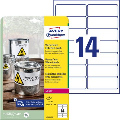 Avery Zweckform No. L7063-20 fehér színű 99,1 x 38,1 mm méretű, lézernyomtatóval nyomtatható, öntapadós időjárásálló etikett címke, erős, tartós ragasztóval A4-es íven - kiszerelés: 280 címke / 20 ív
