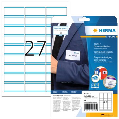 Herma No. 4513 fehér színű 63,5 x 29,6 mm méretű, lézernyomtatóval nyomtatható, öntapadós névcímke (alul és felül kék csíkkal), visszaszedhető ragasztóval A4-es íven - kiszerelés: 540 címke / 20 ív
