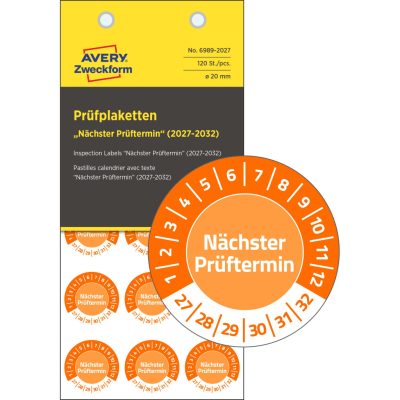 Avery Zweckform No. 6989-2027 narancssárga színű, 20 mm átmérőjű, öntapadós biztonsági hitelesítő címke, 2027-2032-es évszámmal, Nächster Prüftermin felirattal - kiszerelés: 120 címke / csomag