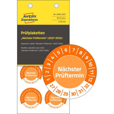 Avery Zweckform No. 6990-2027 narancssárga színű, 30 mm átmérőjű, öntapadós biztonsági hitelesítő címke, 2027-2032-es évszámmal, Nächster Prüftermin felirattal - kiszerelés: 80 címke / csomag