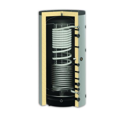 Puffer tartály 1 acél és 1 inox hőcserélővel 1000 literes Sunsystem. Az inox cső a használati melegvíz felmelegítésére szolgál, friss víz modullal