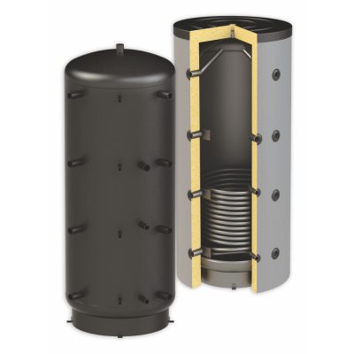 Puffertartály - 1 hőcserélővel 300 literes tároló, speciálisan SAROKBA IS HELYEZHETŐ, melegvíz tárolás céljára.