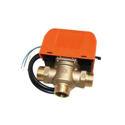 Rugós visszahúzású háromjáratú motoros szelep 3/4" KK külső menet zónaszelep háromutas keverőszelep 230V Feszültségre vált, hiányában visszaáll magától