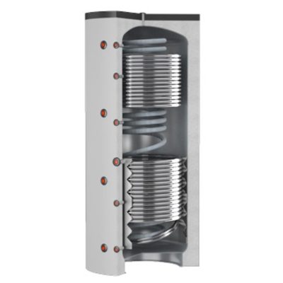 Puffer tartály 3 hőcserélős Cordivari Eco-Combi 600 liter 1 inox és 2 acél hőcserélővel. Az inox cső a használati melegvíz felmelegítésére szolgál