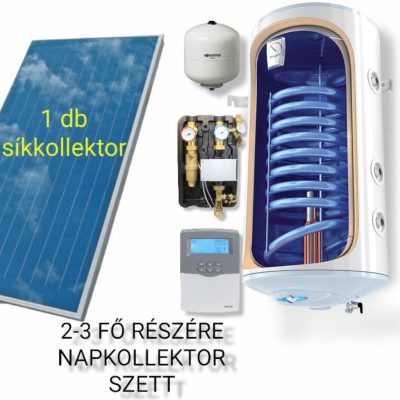 2-3 fő részére síkkollektoros szett HMV készítés: 1 síkkollektor + 100 literes hőcserélős bojler + ECO szivattyú állomás + vezérlés + tágulási tartály