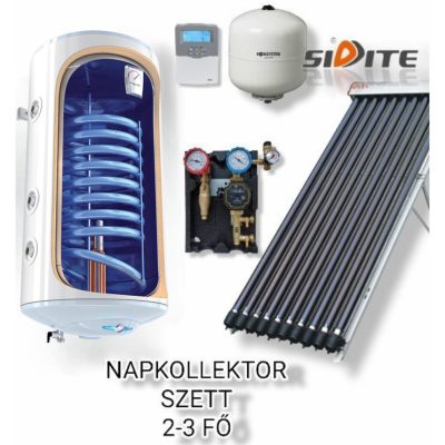 2-3 fő részére napkollektor rendszer 10 csöves vákuumcsöves napkollektor, 100 literes hőcserélős tároló, ECO szivattyú állomás, vezérlés, tágulási tartály