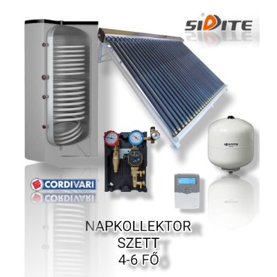4-6 fő részére napkollektoros rendszer: 30 vákuumcsöves napkollektor + 300 literes Cordivari 1 extra hőcserélős álló bojler + ECO szivattyú állomás + vezérlés + tágulási tartály