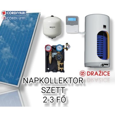 3-5 fő részére Cordivari napkollektor rendszer: 2 db síkkollektor + 200 literes 1 hőcserélős fali bojler + ECO szivattyú állomás + vezérlés + tágulási tartály