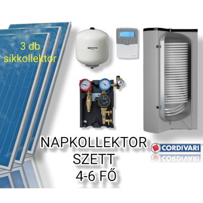 4-6 fő részére Cordivari napkollektor rendszer hőszivattyúra köthető: 3 db sikkollektor + 300 literes 1 XL hőcserélős álló bojler + ECO szivattyú állomás + vezérlés + tágulási tartály