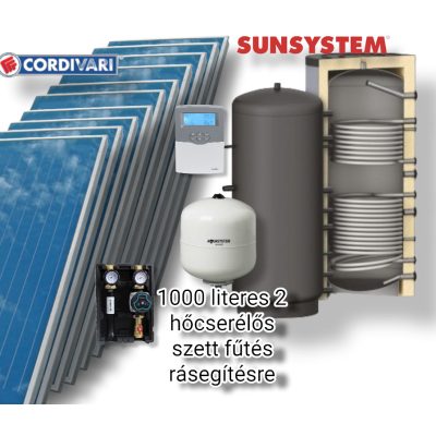 1000 literes napkollektor rendszer fűtés rásegítésre: 10 db sikkollektor + 2 hőcserélős puffertároló + szivattyú állomás + vezérlés + tágulási tartály