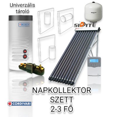 2-3 fő részére napkollektor rendszer 10 csöves vákuumcsöves napkollektor, 100 literes hőcserélős tároló, ECO szivattyú állomás, vezérlés, tágulási tartály