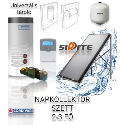 2-3 fő részére síkkollektoros szett HMV készítés: 1 síkkollektor , Cordivari 100 literes hőcserélős bojler, szivattyú állomás, vezérlés, tágulási tartály 