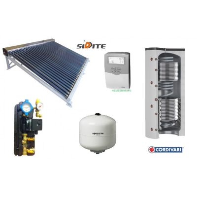 Napkollektor rendszer fűtés és HMV készítésre: 50 csöves kollektor + 3 hőcserélős 500 literes Cordivari puffertároló + szivattyú állomás + vezérlés + tágulási tartály
