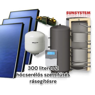 Napkollektor rendszer 300 literes puffer fűtés rásegítésre: 3 db síkkollektor+ 2 hőcserélős puffertároló + nagyteljesítményű szivattyú állomás + vezérlés + tágulási tartály