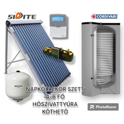 4-6 fő részére napkollektor rendszer hőszivattyúra köthető: 30 csöves napkollekotr + 300 literes 1 XL hőcserélős álló bojler + szivattyú állomás + vezérlés + tágulási tartály