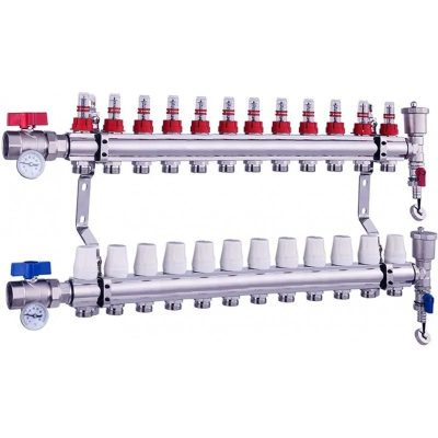 Fűtési osztó-gyűjtő 12 körös áramlásmérős fűtési elosztó eurokónusz csatlakozóval 