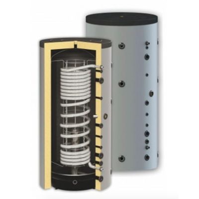 Puffer tartály 1 inox hőcserélővel 1500 literes Sunsystem. Az inox cső a használati melegvíz felmelegítésére szolgál, friss víz modullal