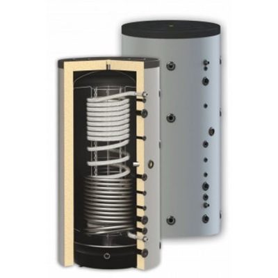 Puffer tartály 1 acél és 1 inox hőcserélővel 800 literes Sunsystem. Az inox cső a használati melegvíz felmelegítésére szolgál, friss víz modullal