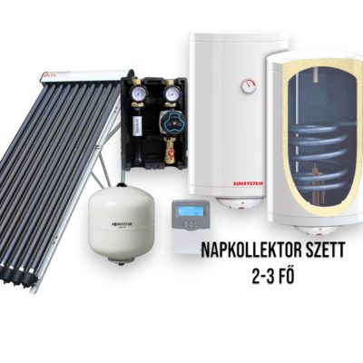2-3 fő részére napkollektor rendszer 10 csöves vákuumcsöves napkollektor, 100 literes Sunsystem hőcserélős tároló, ECO szivattyú állomás, vezérlés, tágulási tartály