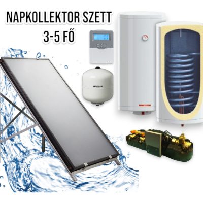 3-5 fő részére napkollektor rendszer: 2 db síkkollektor + 200 literes 1 hőcserélős Sunsystem fali bojler + ECO szivattyú állomás + vezérlés + tágulási tartály