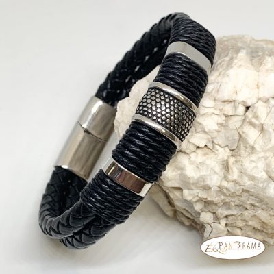 Bőr, nemesacél férfi karkötő - Nataniel