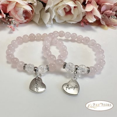 Ásványkő Páros Karkötő anya és lánya szív lógóval - Rózsakvarc 8 mm