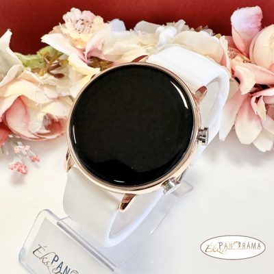 Digitális karóra , női, kör alakú, arany színű tokkal, fehér szilikon szíjjal