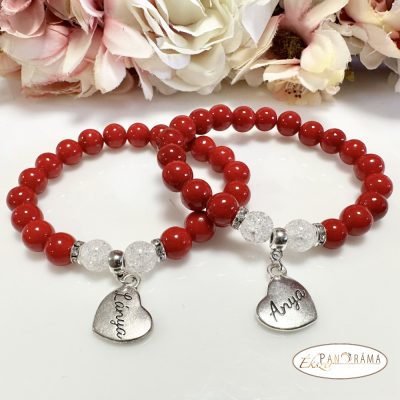 Ásványkő Páros Karkötő anya és lánya szív lógóval - Jade piros 8 mm