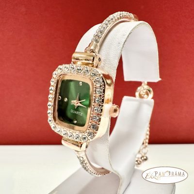 Női ékszeróra strasszos, szögletes- zöld