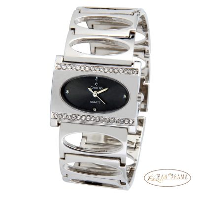Cardy Quartz női karóra - ezüst fém szíjjal, kristályos tok, fekete számlap