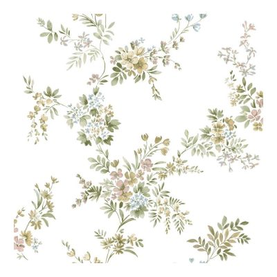 Fiori Country 8 - Fehér alapon zöld virágos tapéta 12312