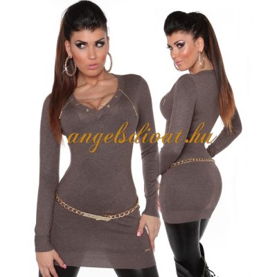 LÁNC DEKOLTÁZSÚ SZÜRKE HOSSZÚ UJJÚ FELSŐ NŐI PULÓVER..