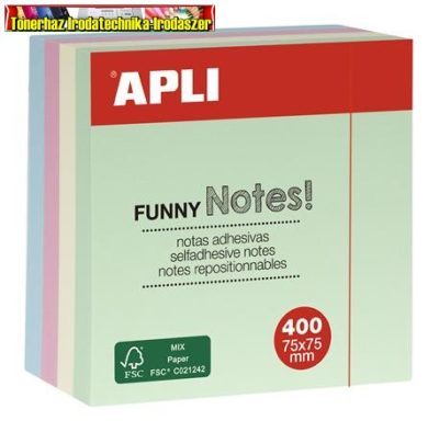Apli öntapadós jegyzettömb kocka, 400 lapos, pasztell színekben, 75 x 75 mm 10972 