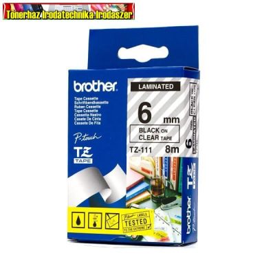 Brother TZ szalagok, TZ-111 átlátszó/fekete 6mm (TZe-111)