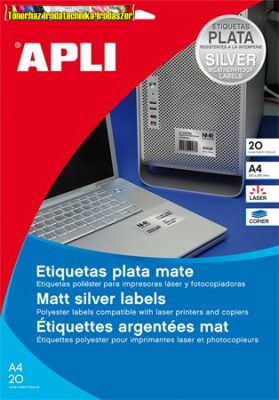 APLI Etikett, 210x297 mm, poliészter, időjárásálló,, matt ezüst, 20 etikett/csomag 10071