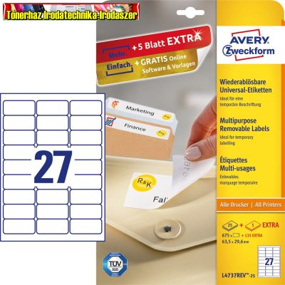 Avery Etikett címke, L4737REV-100 univerzális visszaszedhető 63,5 x29,6 mm, 27 címke/ív, 100 ív/doboz fehér
