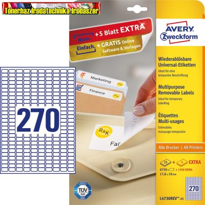 Avery L4730REV-25 Etikett címke, univerzális visszaszedhető 17,8 x10 mm, 270 címke/ív, 25 ív/doboz, fehér