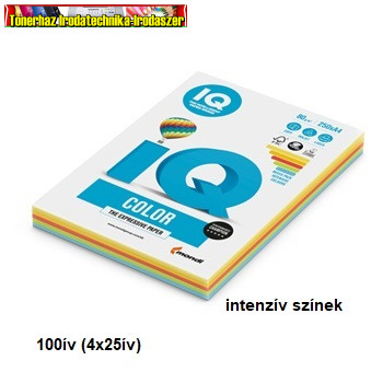 IQ színes másolópapír, A4, 80g. 4x25ív/csomag, intenzív színek