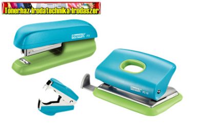 Tűzőgép, lyukasztó és kapocskiszedő szett, 10 lap, RAPID F5 Mini, kék/zöld