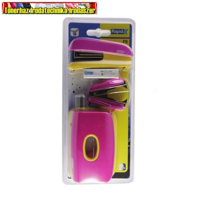 Tűzőgép, lyukasztó és kapocskiszedő szett, 10 lap, RAPID F5 Mini, rózsa/sárga