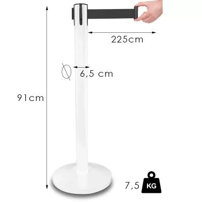 Fehér kordonoszlop, 225cm fekete szalagkazettával, 7,5kg (NO-white)
