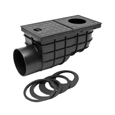 FixTrend oldalsó kifolyású ereszcsatorna bekötő idom rács nélkül lombfogó kosárral fekete színben, DN 110