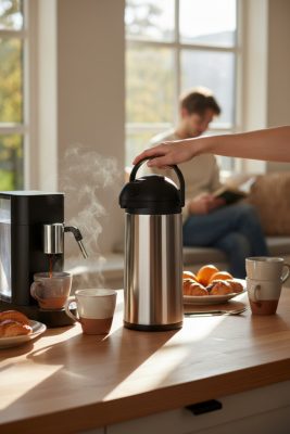 Pumpás Termosz 5 literes, forgó talpas 43 cm magas, rozsdamentes