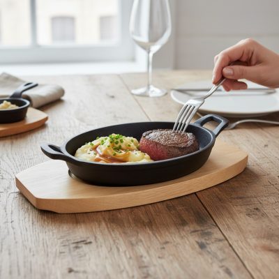 Öntöttvas ovális tálaló edény fa alátéttel, 21,5x15,5x4,5 cm - Német minőség