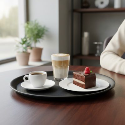 Fekete csúszásgátlós kávézó tálca 29x21 cm – ital és desszert felszolgáláshoz