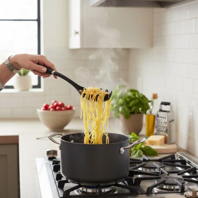 Spagettiszedő kanál, 34,5 cm, gumírozott nyél, Let's Cook